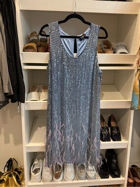 Parker Light Blue Sequined Mini Dress with Pale Pink Feather Hem